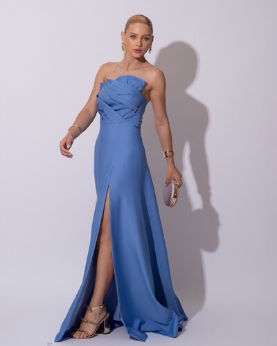 Foto Vestido de Festa Longo Alfaiataria Tomara que Caia com Fenda Detalhe Azul Atlantis