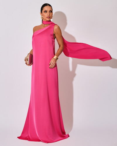 Foto Vestido de Festa Longo Cetim Fluido Um Ombro Só Lenço Fixo Pink