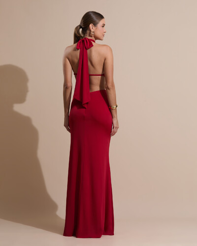 Foto Vestido de Festa Longo Malha Jersey Gola Alta Saia Sereia Vermelho Escuro