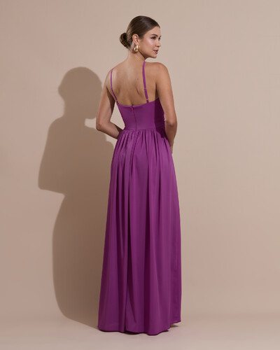 FotoVestido de Festa Longo Crepe Chiffon Drapeado com Alças Finas Fúcsia