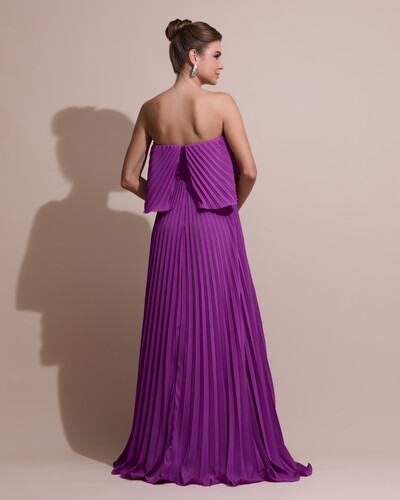 FotoVestido de Festa Longo Crepe Chiffon Tomara que Caia Plissado com Babado Cascata Fúcsia