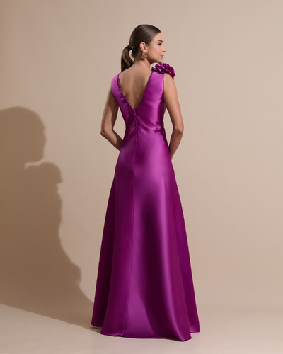 Foto Vestido de Festa longo Zibeline Decote em V com Flores Removivel Fúcsia