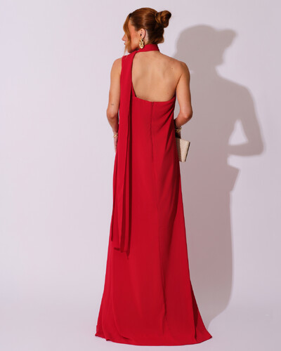FotoVestido de Festa Longo Crepe Chiffon Um Ombro Só Drapeado Vermelho