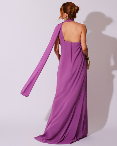 FotoVestido de Festa Longo Crepe Chiffon Um Ombro Só Drapeado Fúcsia