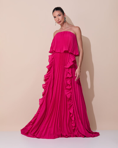 Foto Vestido de Festa Longo Crepe Chiffon Tomara que Caia Plissado com Babado Cascata Pink Escuro