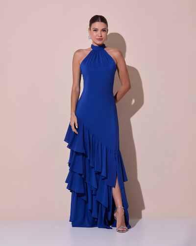 Foto Vestido de Festa Longo Chiffon Crepe Gola Alta Babados Azul Royal