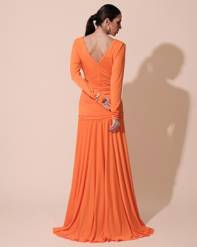 FotoVestido de Festa Longo Malha Degagê Drapeado Manga Longa Laranja