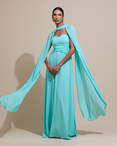 Foto Vestido de Festa Longo Tomara Que Caia Crepe Chiffon Drapeado Capa Tiffany