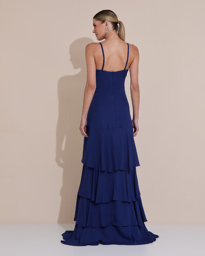 Foto Vestido Longo Crepe com Babado em Camadas Azul Marinho