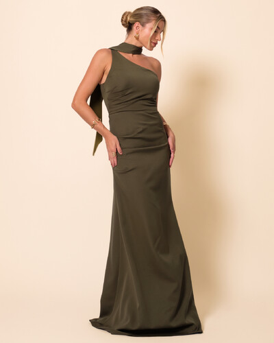 Foto Vestido de Festa Longo Alafataria Um Ombro Só Detalhe Drapeado Verde Oliva New
