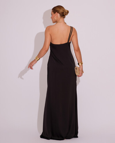 FotoVestido de Festa Longo em Cetim Fluido um Ombro Só Preto