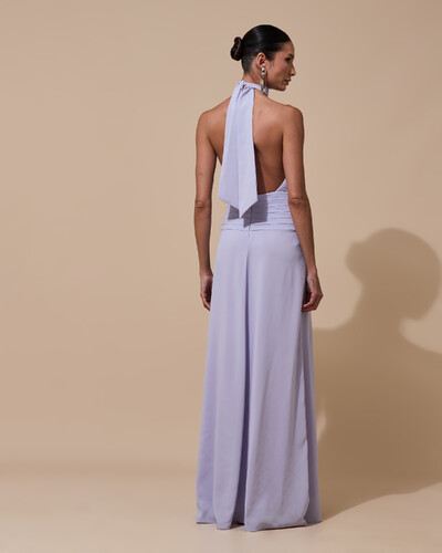 Foto Vestido de Festa Longo Frente Única Busto Blousê Crepe Chiffon Drapeado Lilás Claro