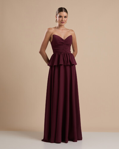 Foto Vestido de Festa Longo Crepe Chiffon Tomara que Caia Peplum Drapeado Marsala