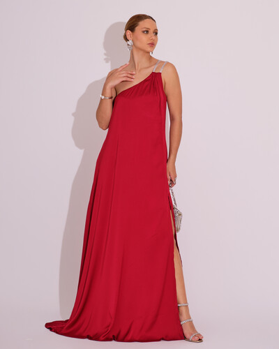 Foto Vestido de Festa Longo Cetim Um Ombro Só Marsala