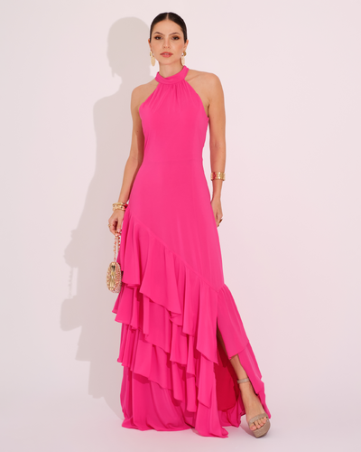 Foto Vestido de Festa Longo Decote Halter com Babados Pink