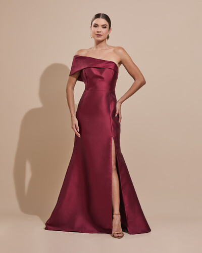 Foto Vestido de Festa Zibeline com Faixa Ombro a Ombro Marsala Escuro