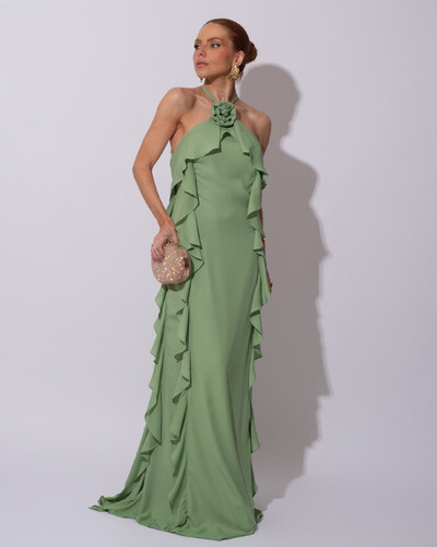 Foto Vestido de Festa Longo Crepe Chiffon Frente Única Babados Cascata e Flor Verde Matcha