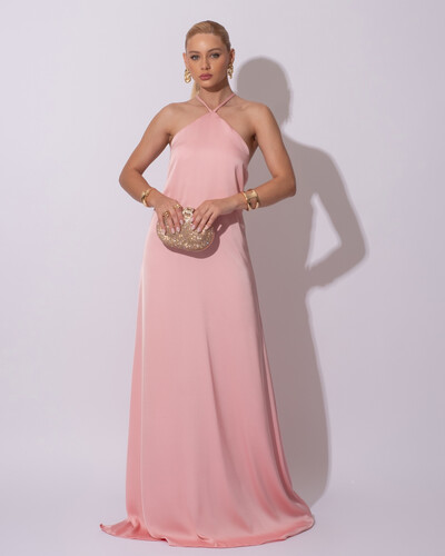 Foto Vestido Longo de Cetim com Decote Triangular e Amarração nas Costas Degagê Rose Gold