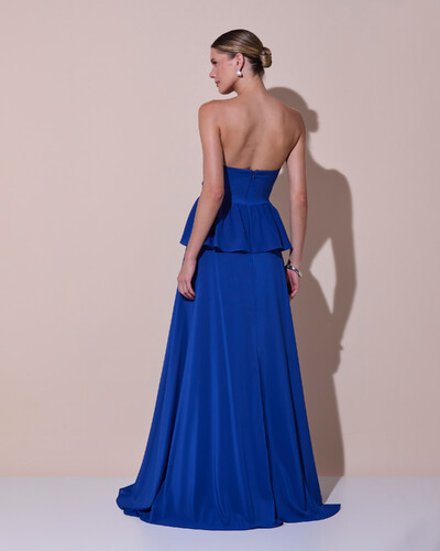 Foto Vestido de Festa Longo Crepe Chiffon Tomara que Caia Peplum Drapeado Azul Royal