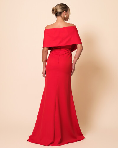 FotoVestido de Festa Longo Alfaiataria Ombro a Ombro Laço e Fenda Vermelho