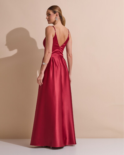 Foto Vestido de Festa Longo Alça Fina Decote V Cetim Saia Evasê Marsala