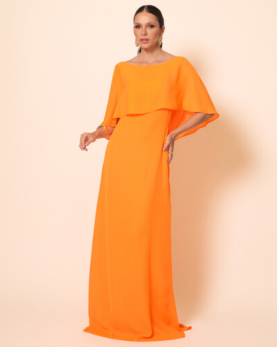 Foto Vestido de Festa Longo Crepe Chiffon com Capa e Degagê nas Costas Laranja