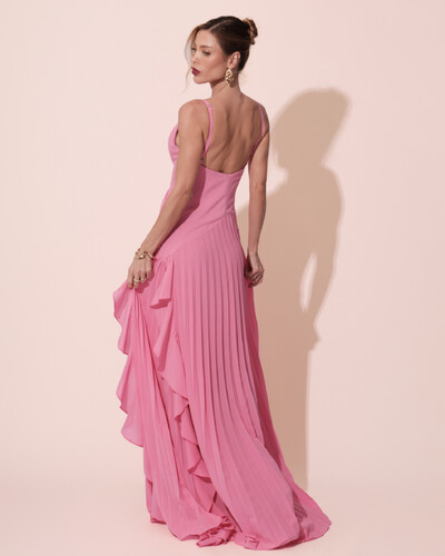 FotoVestido de Festa Longo Crepe Chiffon Alça Fina Saia Plissada com Babado Cascata Rosa
