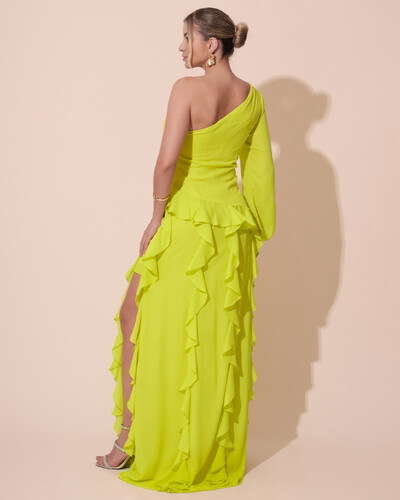 Foto Vestido de Festa Longo Crepe Um Ombro Só Manga Longa e Babados Cascata Fenda Verde Lima