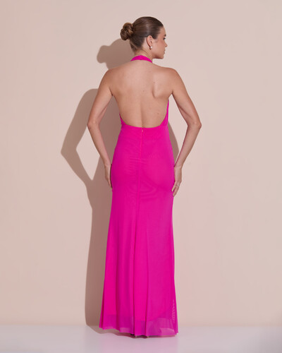 Foto Vestido de Festa Longo Frente Única Decote V Tule Drapeado Faixa Pink New