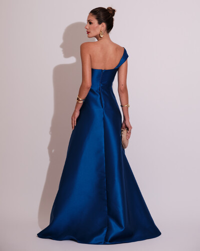 FotoVestido de Festa Longo Zibeline um Ombro Só Mullet Azul Royal