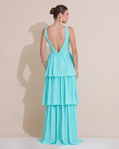 Foto Vestido de Festa Longo Decote V Crepe Chiffon Plissado Camadas Babado Tiffany