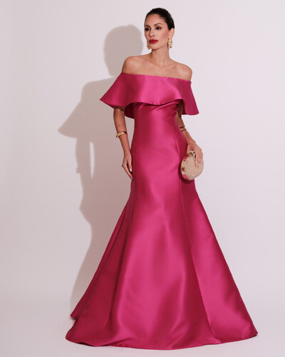 Foto Vestido de Festa Longo Ombro a Ombro Zibeline com Babado Pink