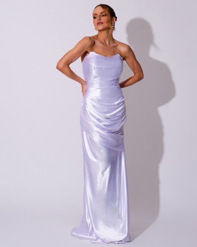 Foto Vestido de Festa longo Cetim Malha Metálico Tomara que Caia Detalhe Drapeado Branco