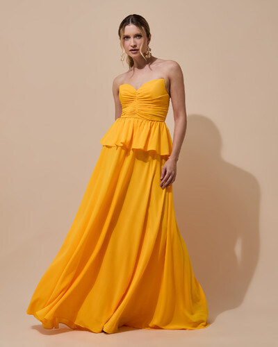 Foto Vestido de Festa Longo Crepe Chiffon Tomara que Caia Peplum Drapeado Laranja Manga New