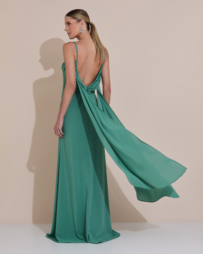 Foto Vestido de Festa Longo Crepe Chiffon Costas Lenço Cauda Verde Matcha Escuro