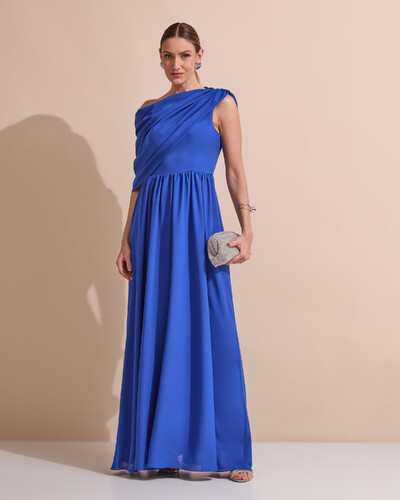Foto Vestido de Festa Longo Um Ombro Só Crepe Chiffon Capa Drapeado Azul Royal