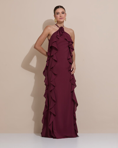 Foto Vestido de Festa Longo Crepe Chiffon Frente Única Babados Cascata e Flor Marsala