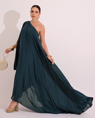 Foto Vestido de Festa um Ombro com Capa Crepe Fluido Verde Escuro