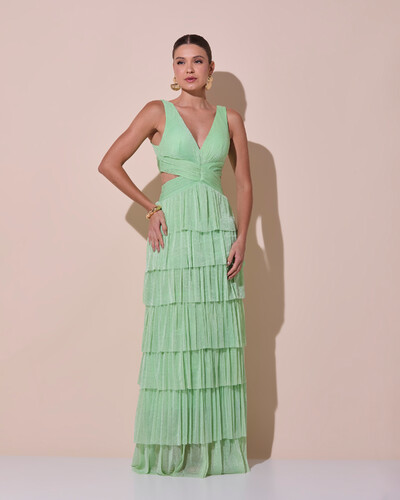 Foto Vestido De Festa Longo Decote V Tule Brilho Recortes Camadas Verde Lima