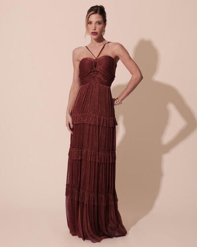 Foto Vestido de Festa Longo Tule com Saia Babado Marsala