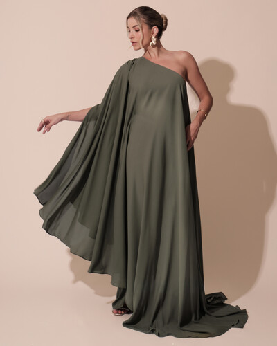 Foto Vestido de Festa um Ombro com Capa Crepe Fluido Verde Oliva