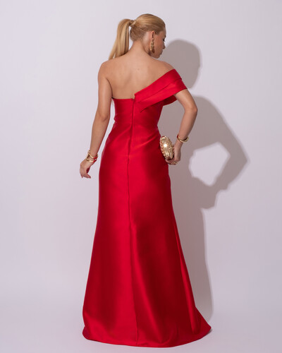 FotoVestido de festa Longo Zibeline Faixa Drapeada Ombro e Fenda Vermelho