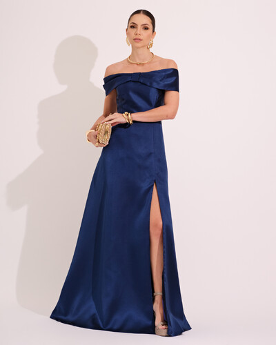 Foto Vestido de Festa Longo Ombro a Ombro Laço Zibeline com Fenda Azul Marinho