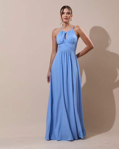 Foto Vestido de Festa Longo Crepe Chiffon Drapeado com Alças e Saia Fluida Azul Serenity
