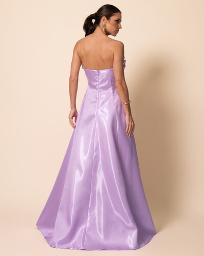 FotoVestido de Festa Longo Cetim Cristal Tomara que Caia com Flor 3D Lilás