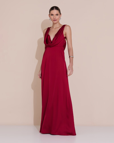 Foto Vestido de Festa Longo Cetim Fluido Degagê Marsala