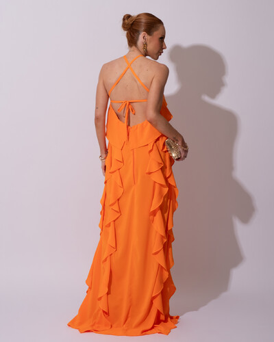 FotoVestido de Festa Longo Crepe Chiffon Frente Única Babados Cascata e Flor Laranja