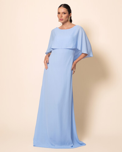 Foto Vestido de Festa Longo Crepe Chiffon com Capa e Degagê nas Costas Azul Serenity