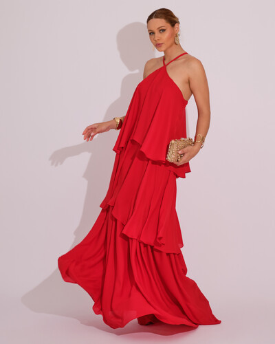Foto Vestido Longo Babado em Camadas Vermelho