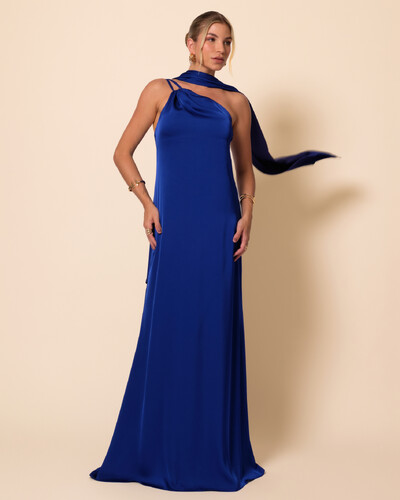 Foto Vestido de Festa Longo em Cetim Fluido um Ombro Só com Lenço Azul Royal New